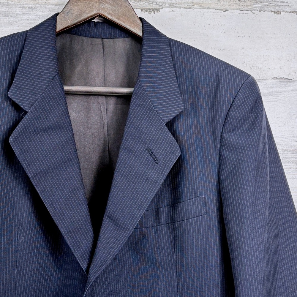 Oleg Cassini Suit Jacket 38S Vintage 70s Navy Blue Pinstripe Wool Blend Blazer